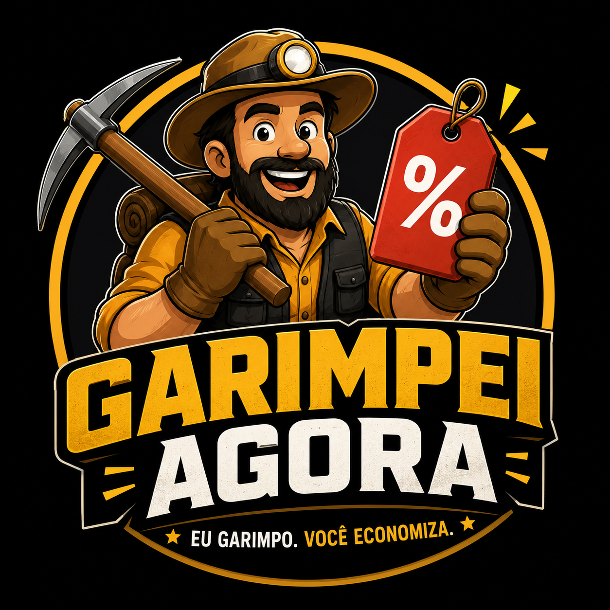 Mascote garimpeiro do Garimpei Agora segurando uma etiqueta de desconto